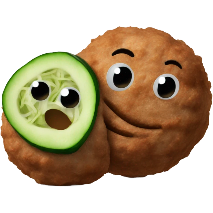 Two meat balls side by side with a cucumber standing vertically on top in the middle of them emoji