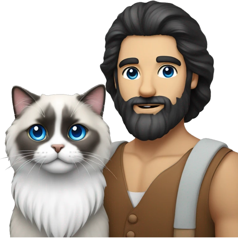 Black hair and beard turkish man with white blue eyed ragdoll cat  emoji