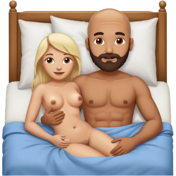 Fully Naked Indian bald man with a beard in bed holding vagina with naked blonde fit woman emoji