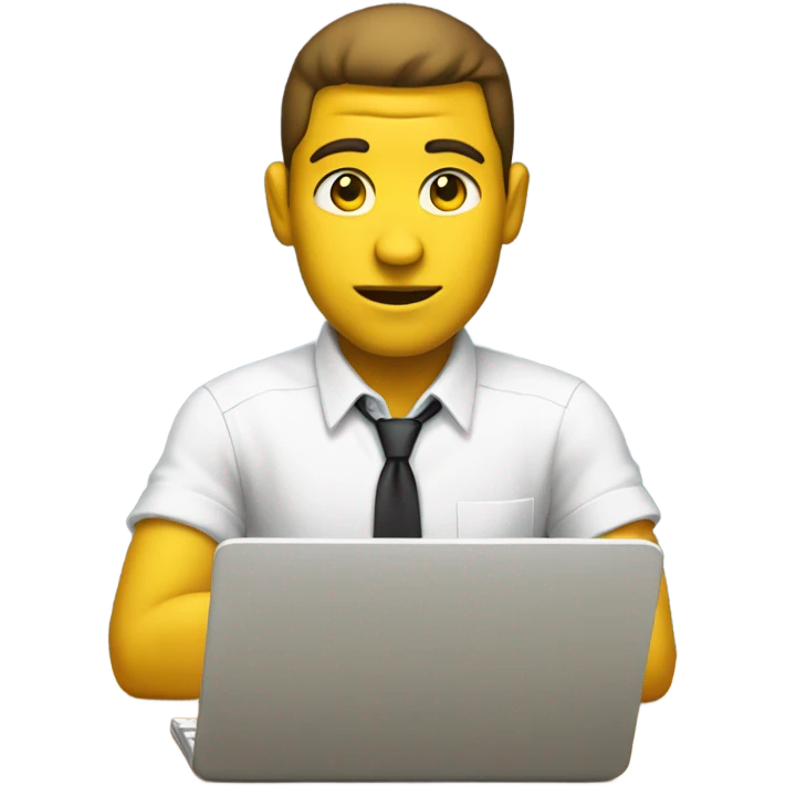 yellow skin man using white keyboard on desk wearing white button down shirt front view emoji