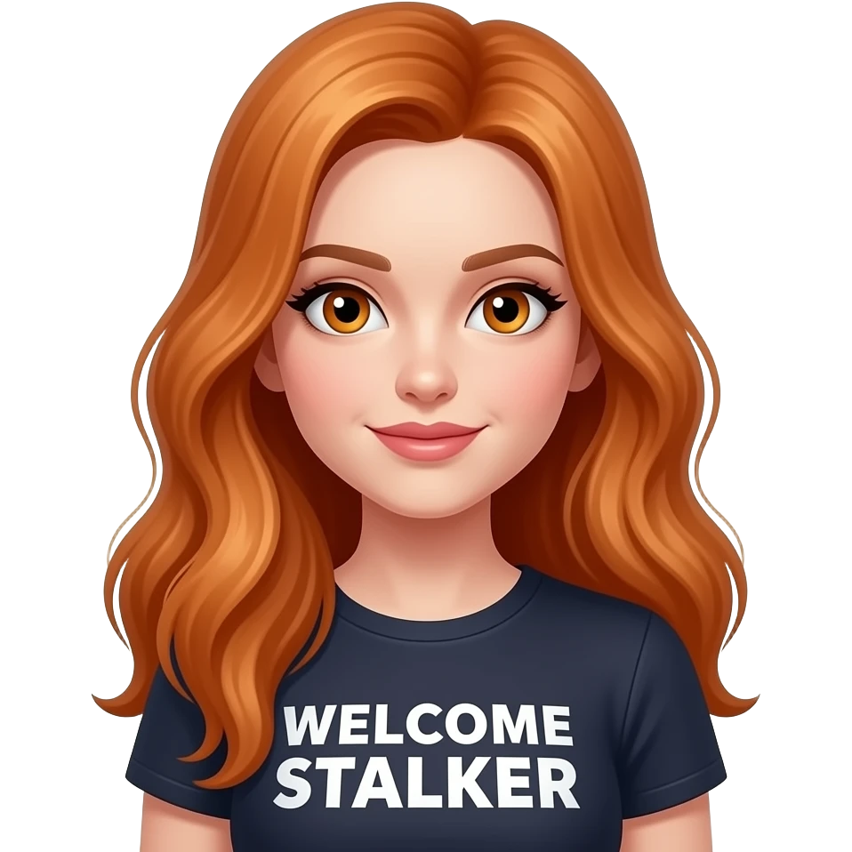sexy girl with long ginger hair and ginger eyes a top with WELCOME STALKER written on it emoji