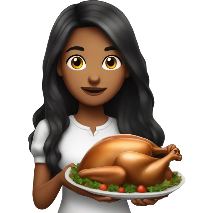 pretty young long black haired girl holding turkey  emoji