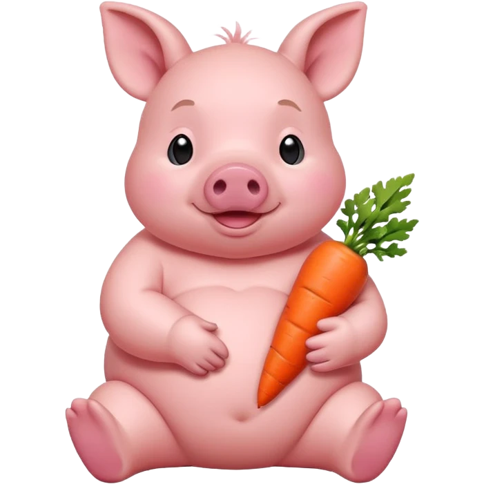 Baby Sitting Piglet – chubby piglet sitting down holding a toy carrot emoji