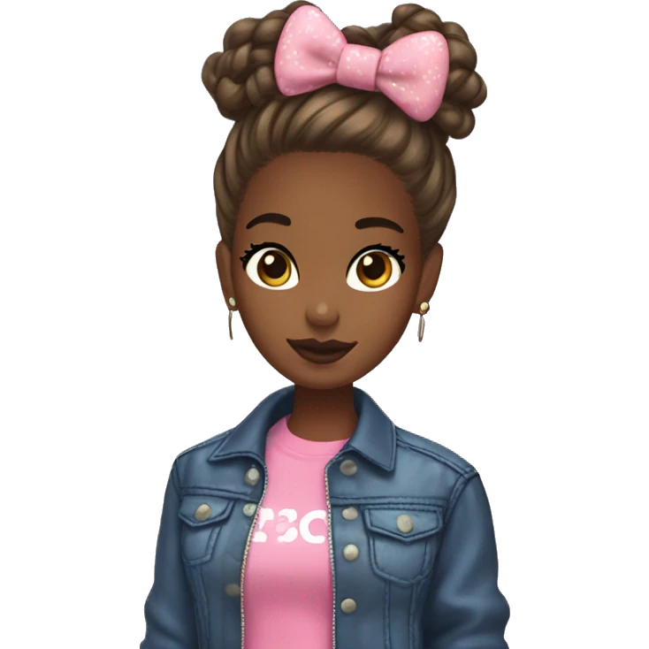 Brown skin girl with a messy bun brown eyes long lashes glossy lips ance and a hello kitty jacket  emoji