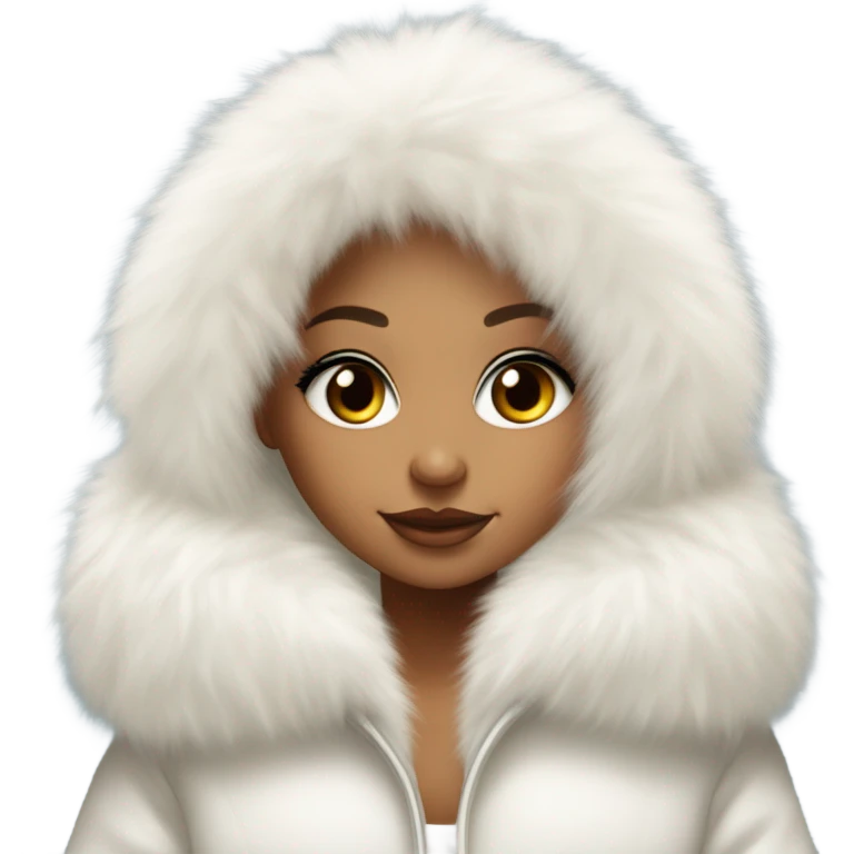Tanned Girl with lashes , platinum blonde hair, in an extremely big fluffy oversized white fur coat with hood on. The fur is real and it’s very obvious big and fluffy like in Pinterest  emoji