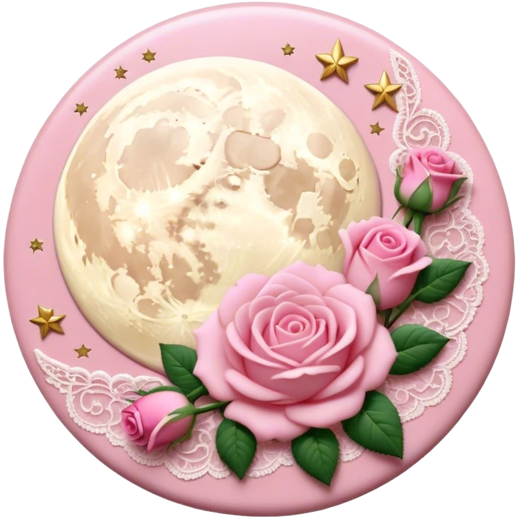 A round pink button with light cream damask lace, a full moon and stars and pink roses emoji