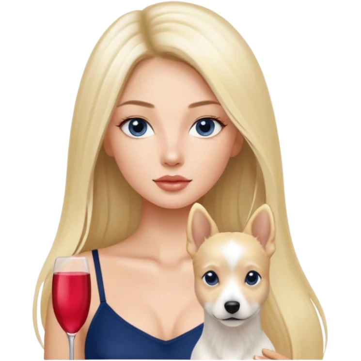 Victoria’s Secret model with long light blonde straight balayage hair, dark blue almond and small eyes, oval face, small lips, skinny long waist, firm legs, White Spaghetti top, with a White belgian dog  emoji