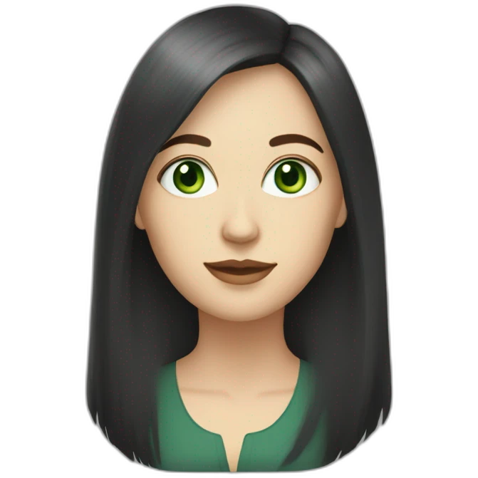 40 year old white woman with green eyes and long dark hair and a fringe and oval shape face emoji
