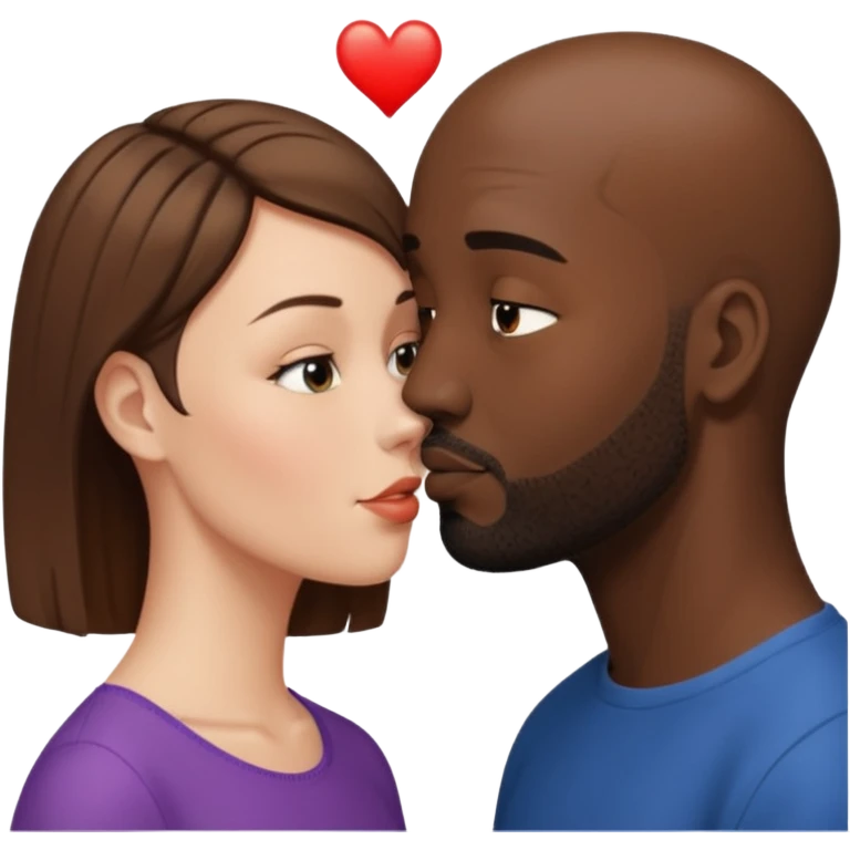 a white woman with short brown hair and a black man with no hair and a beard are facing one each other and the woman is giving a kiss to the man's forehead emoji