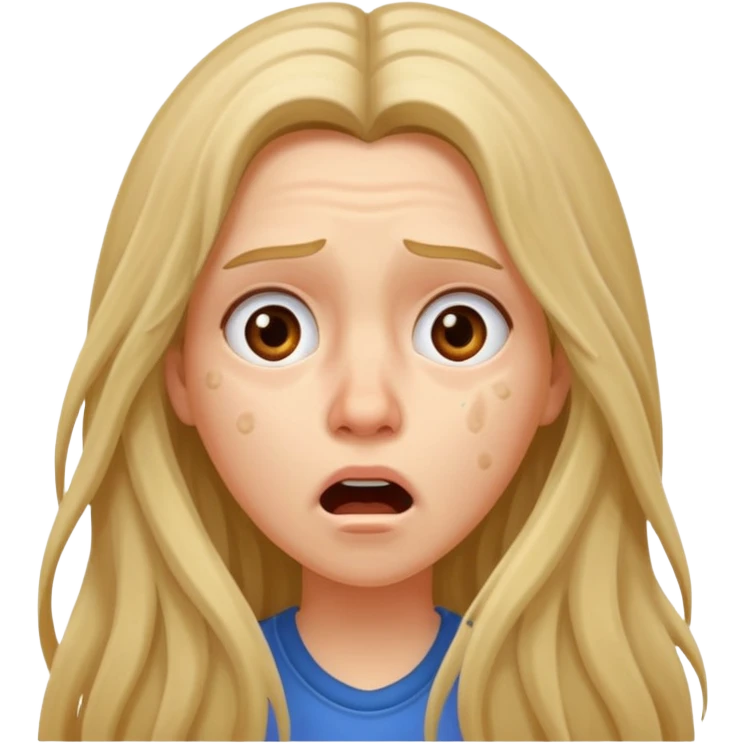A long-haired woman with acne on her face shows a shocked expression. emoji