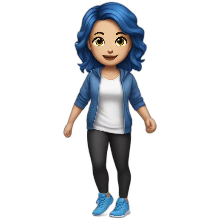Short brunette, leggings, blue walking shoes, half arm tattoo emoji