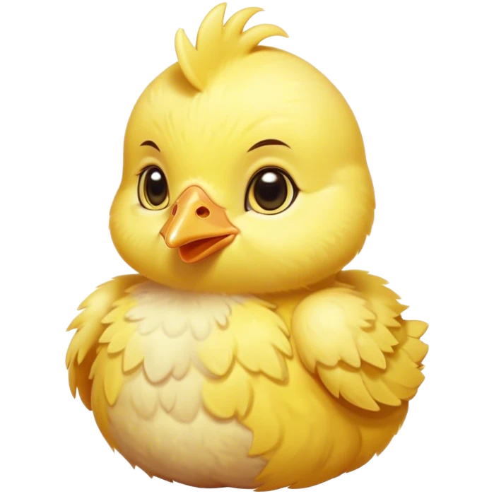 Cinematic Noble Yellow Baby Chicken Portrait Emoji, Poised and regal, with a tiny, fluffy build and a vibrant, well-groomed bright yellow downy coat, deep-set soulful beady eyes, Simplified yet sharp and sophisticated features, highly detailed, glowing with a soft, dignified glow, high shine, intelligent and charming, stylized with an air of youthful elegance, focused and attentive, soft glowing outline, capturing the essence of a watchful and confident little chick, so majestic it feels as though it could peep out of the screen with effortless authority! emoji