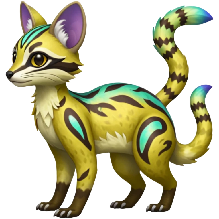 Rare realistic neon-colored iridescent shiny warm-colored lush tropical exotic cute epic pretty beautiful handsome gorgeous aesthetic colorful vibrant Vernid-Protogen-Primagen-Wickerbeast-Genet-Trico-species-Fakemon-hybrid-creature by LiLaiRa, beautiful intricate markings, full body emoji