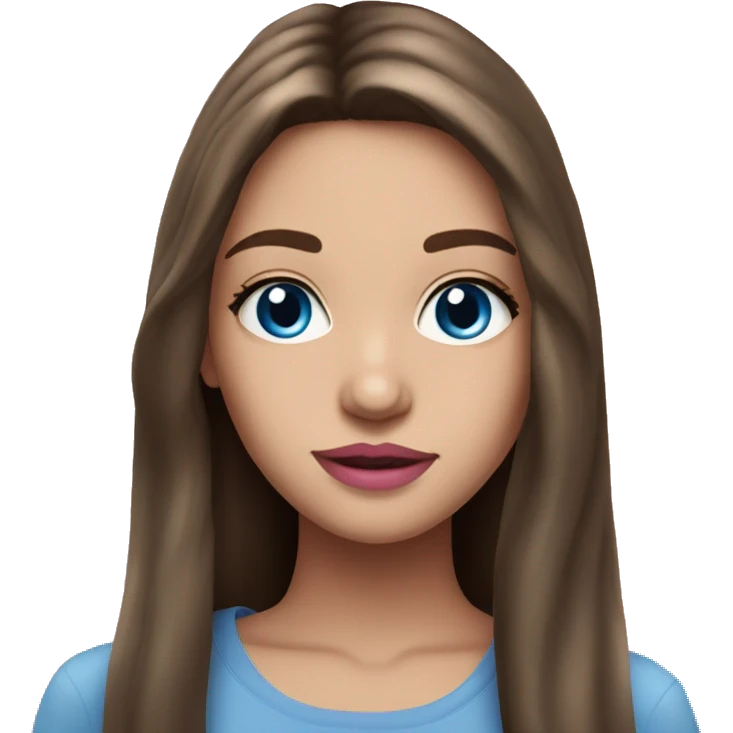 Beautiful teenage girl, long hair, brunette, blue eyes, pink lip color emoji