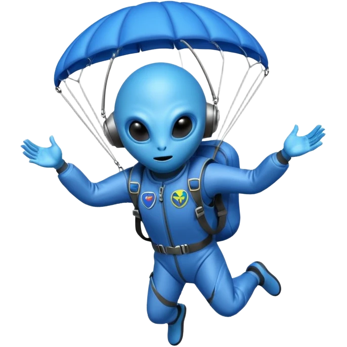 Skydiving blue alien with parachute and UFO emoji