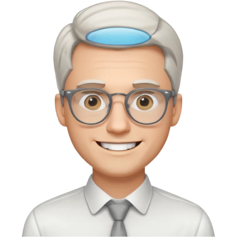 30 yr old pale white man, white/grey side swept stylish hair, round glasses, big smile, white teeth, handsome, longer hair, thin glasses, white dress shirt, smooth forhead emoji