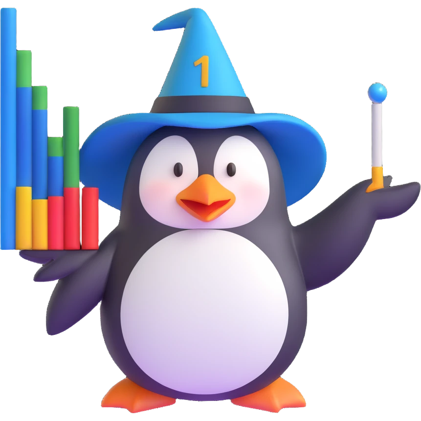 penguin wizard pointing to a stock chart with numbers going down emoji