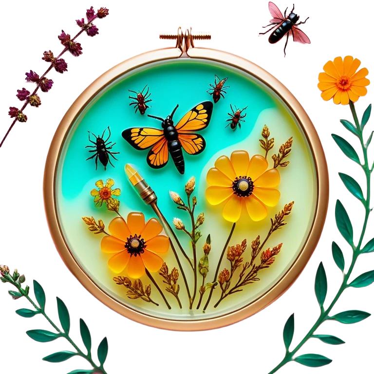 Epoxy resin art icon, jewelry and decorative items made with fluorescent epoxy resin, glowing effect on the resin, finished resin jewelry with dried flowers and insects embedded inside, visible tubes of resin with bright colors, mixing tools, and molds, minimalistic style, clean lines, transparent background emoji