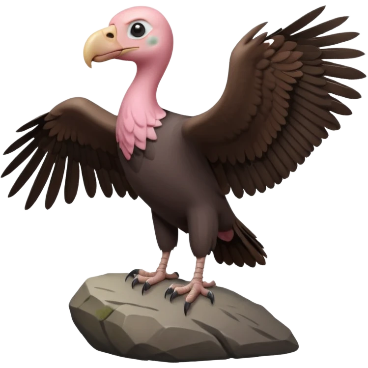 a vulture — large bird with dark brown feathers, bald pinkish head, curved beak and sharp eyes — standing proudly on a rock — wings slightly open — realistic yet cute cartoon emoji look, clean lighting, soft shadows. emoji