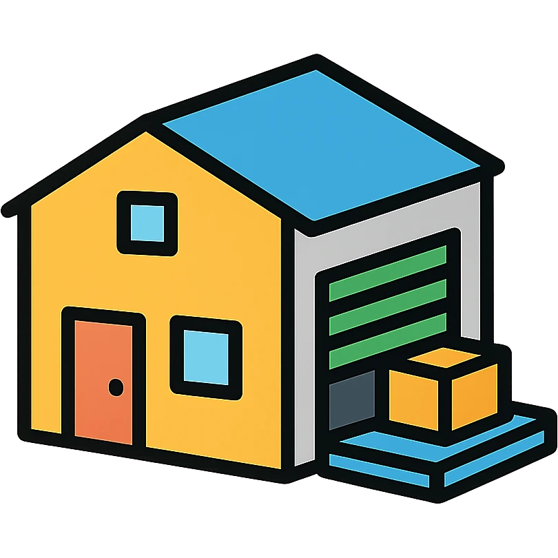 isometric warehouse with loading dock, overhead door, and small office area emoji