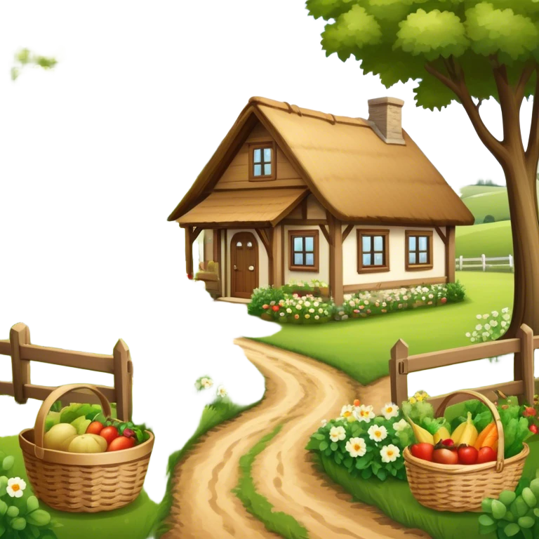 Icon for Rural Tourism: a peaceful countryside scene with a wooden cottage, a dirt path, grazing animals, and a basket of fresh produce. The icon should represent the tranquility and charm of rural life. Transparent background. emoji