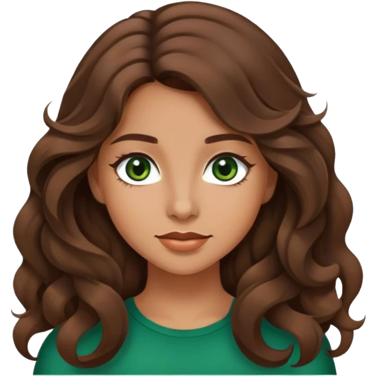 Beautiful girl, brown hair, wavy hair, long hair, dark green eyes, hispanic emoji