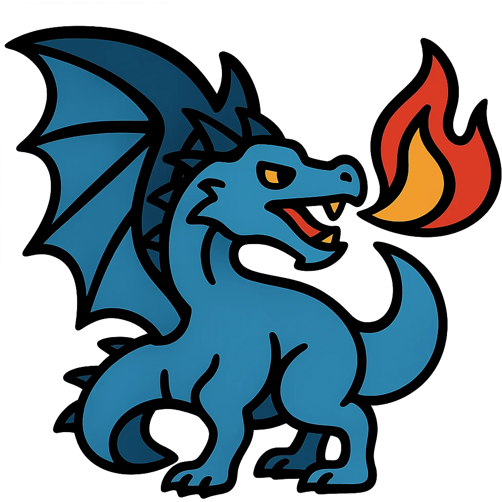 Add large, detailed wings to this fiery blue dragon, keep the style consistent with the original image, and remove the background. emoji