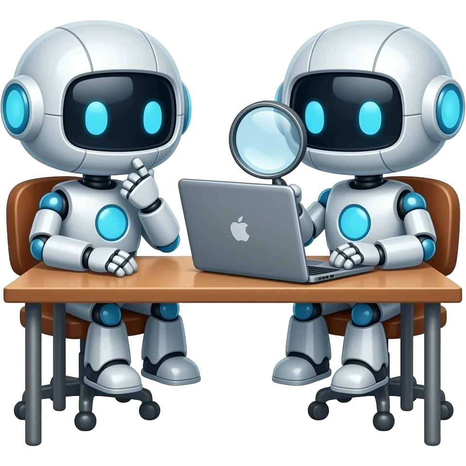 cute 2 robots use 1 mac book , use together -- 1 of them acting like thinking, another one hold mignifying glass, they try to find sth on macbook emoji