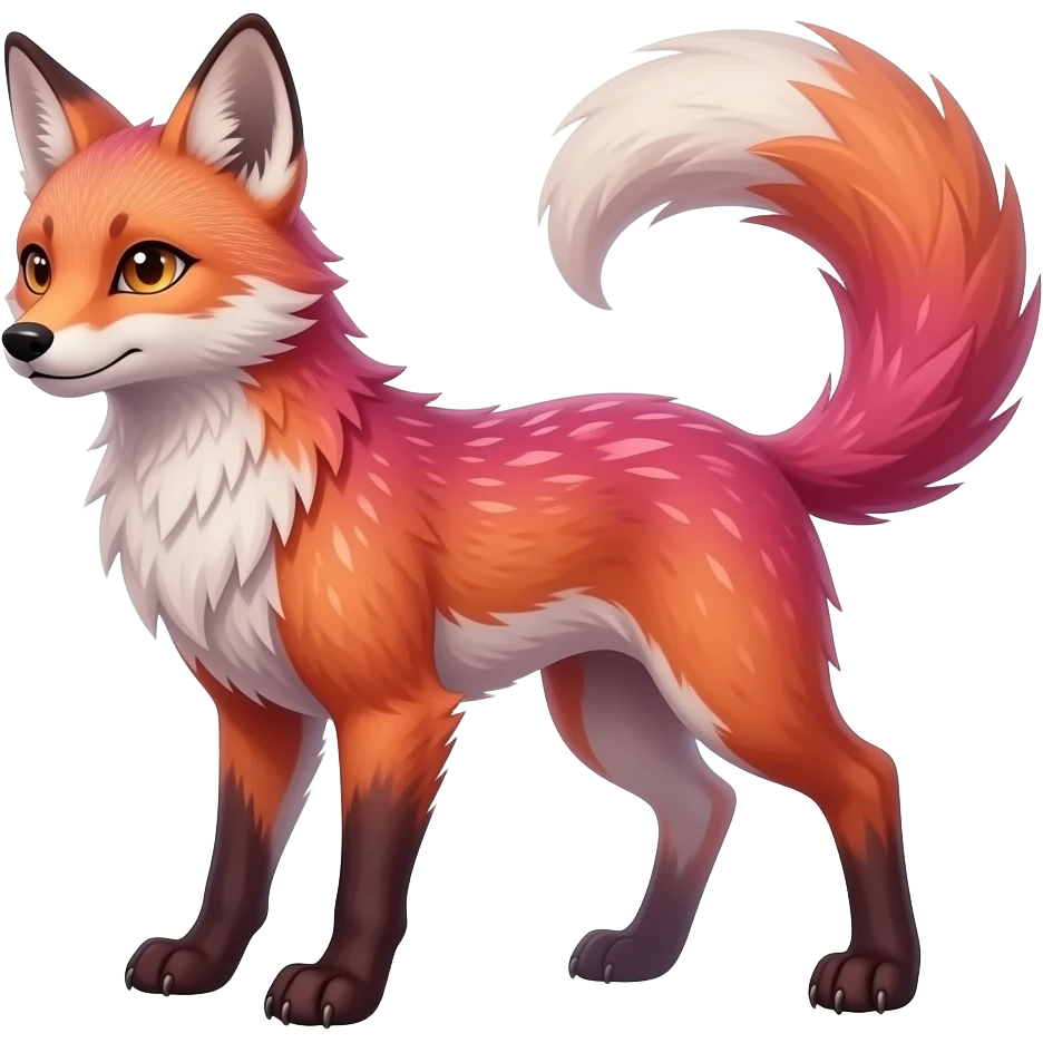 Realistic cute Feral Rare Fantasy dark pastel gradient-pink-red-orange Vernid-Fionbri-species by LiLaiRa, random markings, full body, 4 legs, thin tufted tail emoji