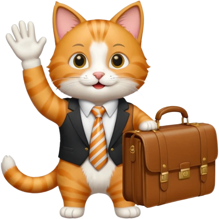 happy cat with a striped tie and briefcase, waving emoji