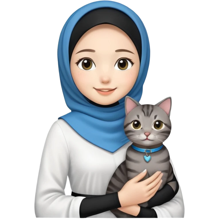 Asian White girl wearing black hijab and white dress holding a black grey tabby cat while smiling.  The cat is wearing a blue collar emoji