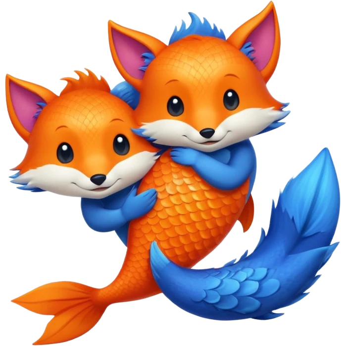 Make a pair of hugging or cuddling best friends: a bright orange fish and a vivid blue fox emoji