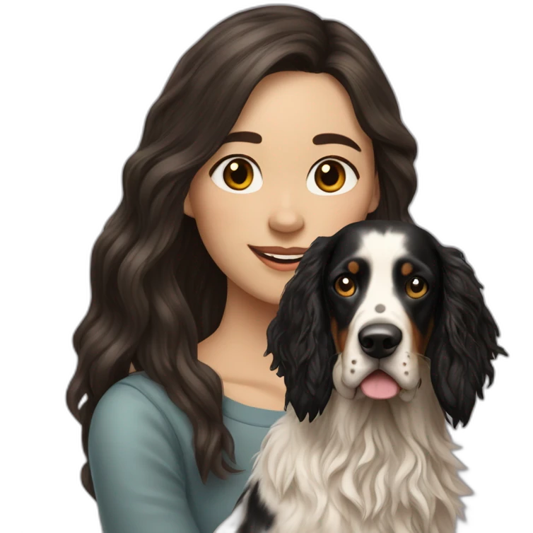 hyperrealist caucasian girl black long hair with brown english setter dog emoji
