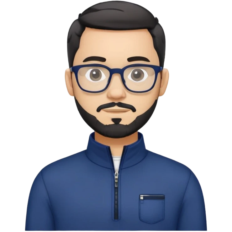 Light-skinned male with short black hair styled up, gray short beard, black-framed glasses, navy blue zip-collar sports long sleeve shirt emoji
