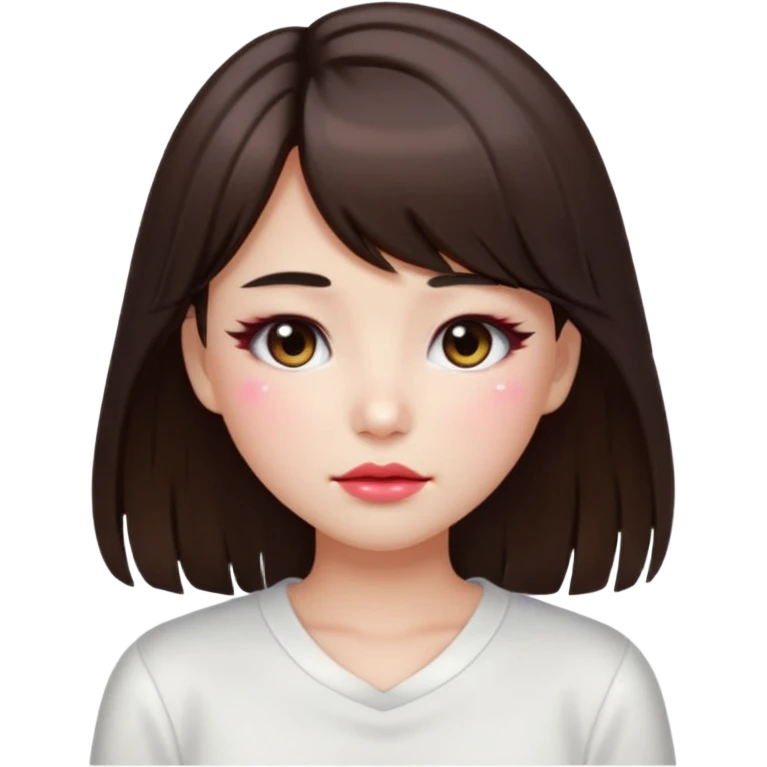 “japanese style Emoji brunette girl long hair with side bangs white top, dewy skin, heavy blush across cheeks and nose bridge, glossy cherry lips, soft eyeliner, teary sparkling eyes emoji