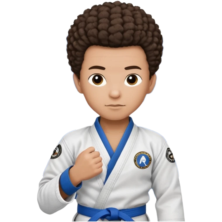 Mixed race boy BJJ instructor with pony tail afro hair and shaved bald sides haircut, Make the hair brown and the belt blue. Add the roger Gracie academy logo on the go also and the p logo of progress jiu jitsu on the right arm sleeve  at the top emoji