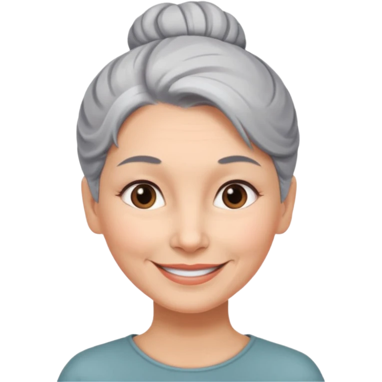 50 y.o. woman grey hair, subtle smile, hair in a bun  emoji