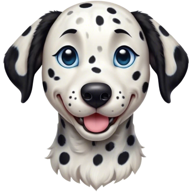 Cinematic Comical Spotted Dalmatian Portrait Emoji, Head tilted dramatically with an exaggeratedly shocked or amused expression, featuring a striking Fur of predominantly white with vivid black patches, wide, expressive blue eyes filled with playful disbelief, Simplified yet hilariously expressive features, highly detailed, glowing with a slightly sassy glow, high shine, dramatic yet playful, stylized with an air of cheeky charm, bright and endearing, soft glowing outline, capturing the essence of a spirited and over-the-top guardian, so meme-worthy it feels like it could side-eye its way into internet fame instantly! emoji