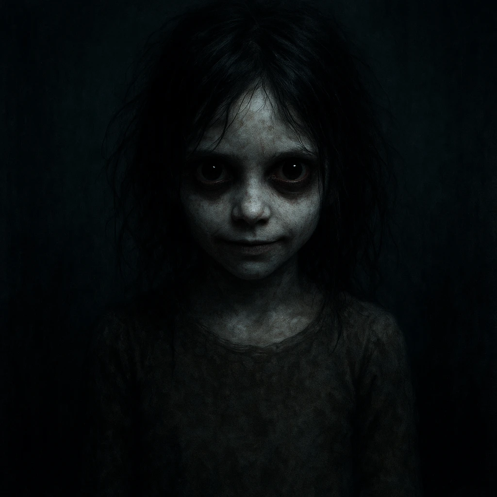 creepy girl, horror style, unsettling expression, dark atmosphere emoji