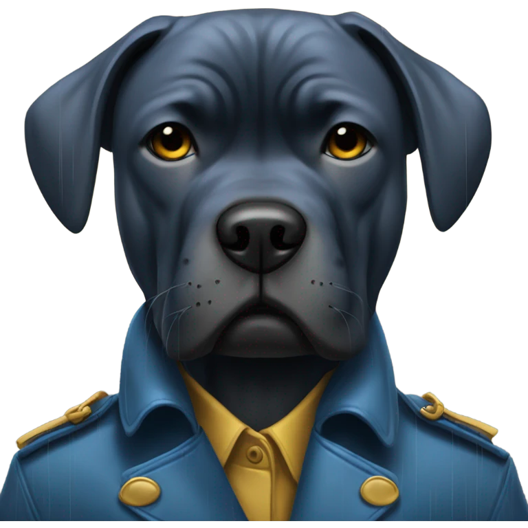  A CaneCorso crying in the rain in a blue and gold trench coat. emoji