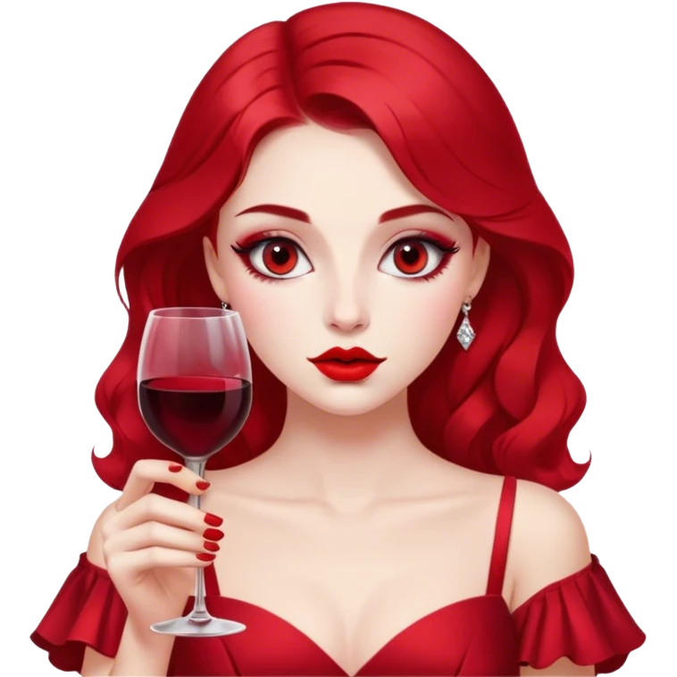A girl with red makeup and an elegant dress, holding a glass of wine close to her lips, with her lips slightly parted, looking at you with half-lidded eyes. emoji