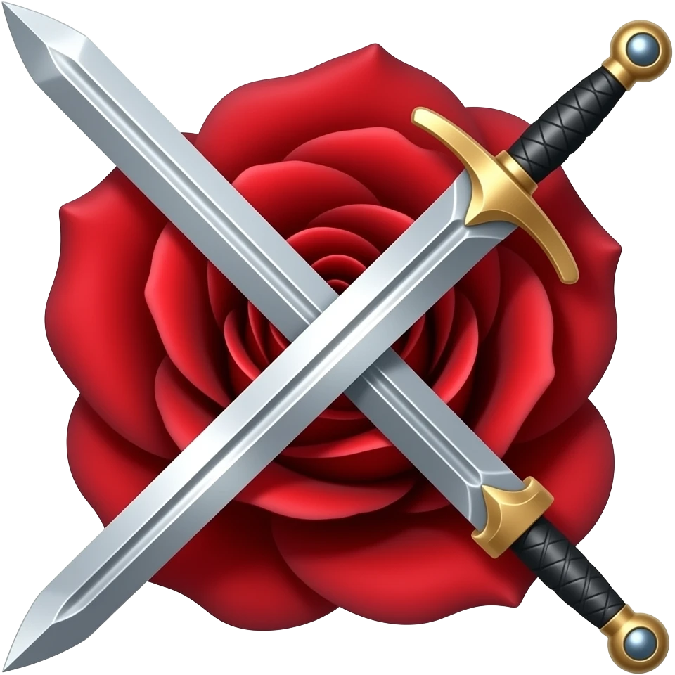 Detailed illustration of a shining sword lying across or beside a red rose, metallic reflections on blade, rich red petals, warm fantasy palette, painterly shading, transparent background, square, no text. emoji