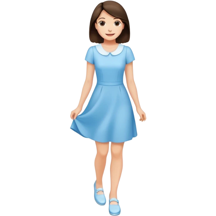 Happy Brunette woman short in light blue dress, white shoes emoji