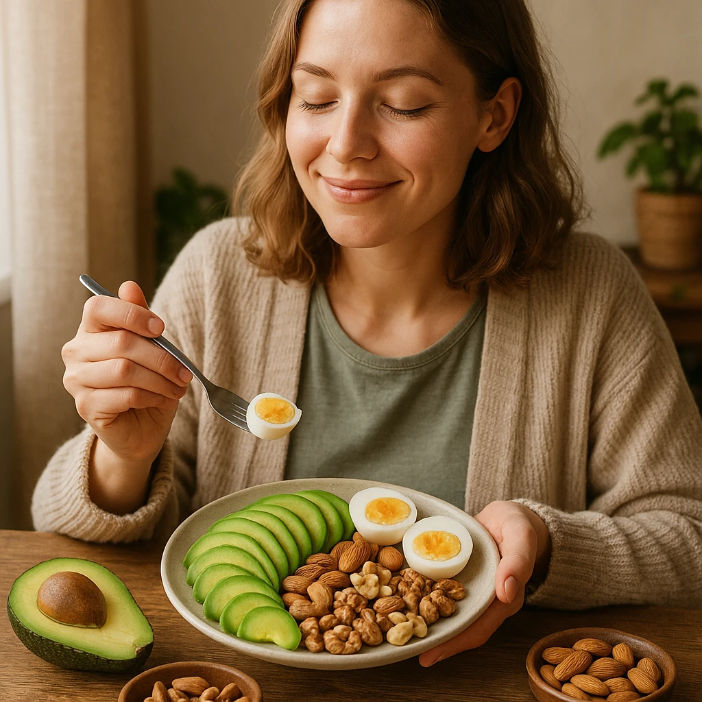 donna che usa come cibo avocado uova e frutta secca emoji