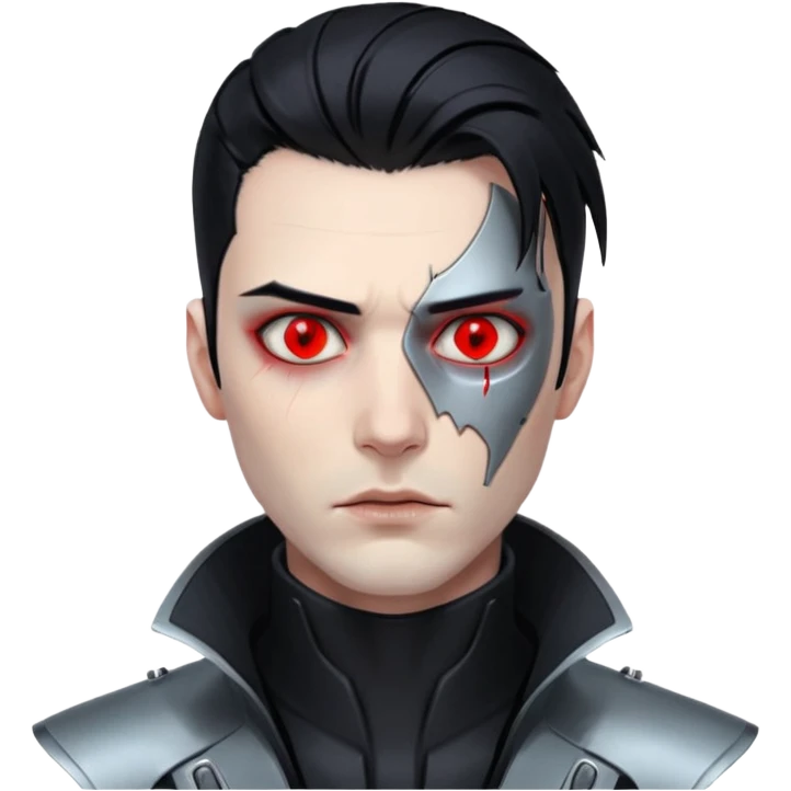 Cyberpunk man, slicked hair, silver metal jaw prosthetic, glowing red eyes, cold expression, clinical lighting emoji