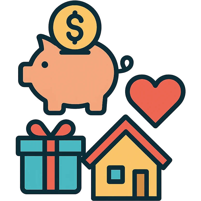 icon combining future savings with piggy bank or coin, wants with gift box or heart, and needs with house or groceries, harmonious modern style, clean colorful outline emoji