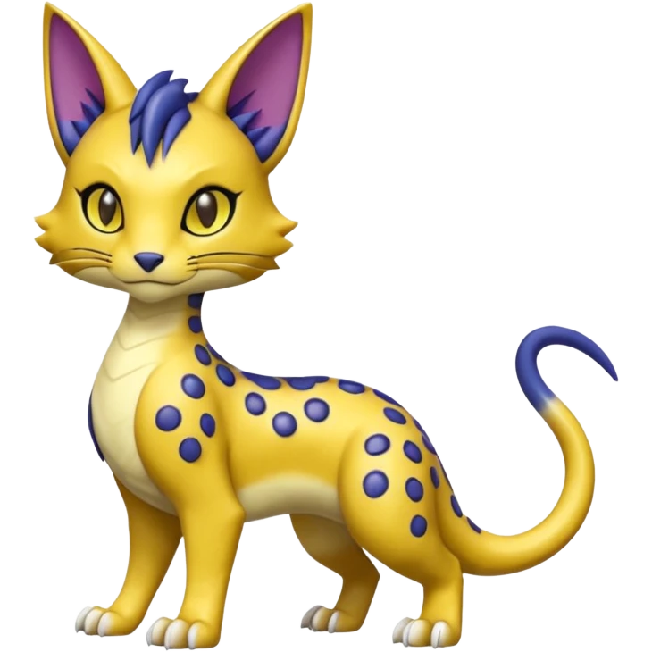 Golden-mustard-beige-yellow-gradients-colored, with black rosette-spots, scaley Bastet-Liepard-Noibat-Gatomon-Garchomp-Digimon-Fakémon-Pokémon-creature (full body) emoji
