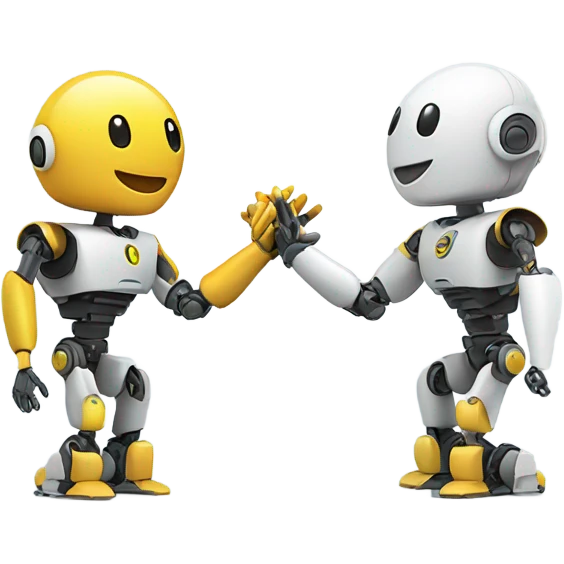 Two robotic figures high-fiving or shaking hands, symbolizing partnership in technology. emoji
