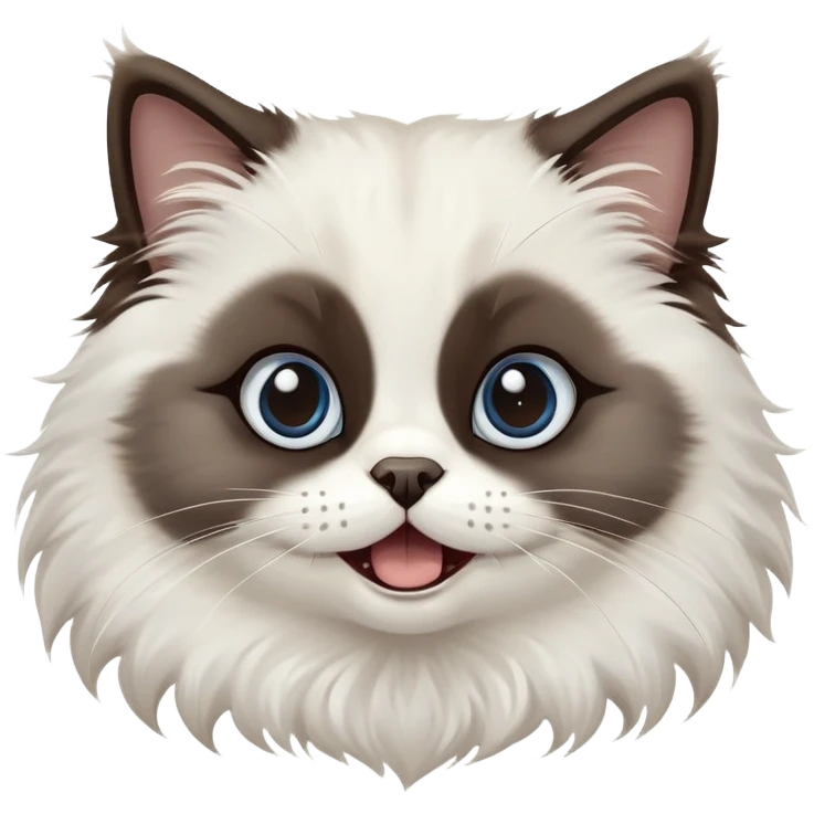 cinematic-adorable-big-eyed-fluffy-dark brown and white seal ragdoll-cat-portrait-emoji,-head-tilted-playfully-with-a-cute,-yawn,-soft-brown pointed seal-and white-colored-fur-with-darker-points-on-the-ears,-simplified-yet-irresistibly-cute-features, sparkling blue eyes emoji
