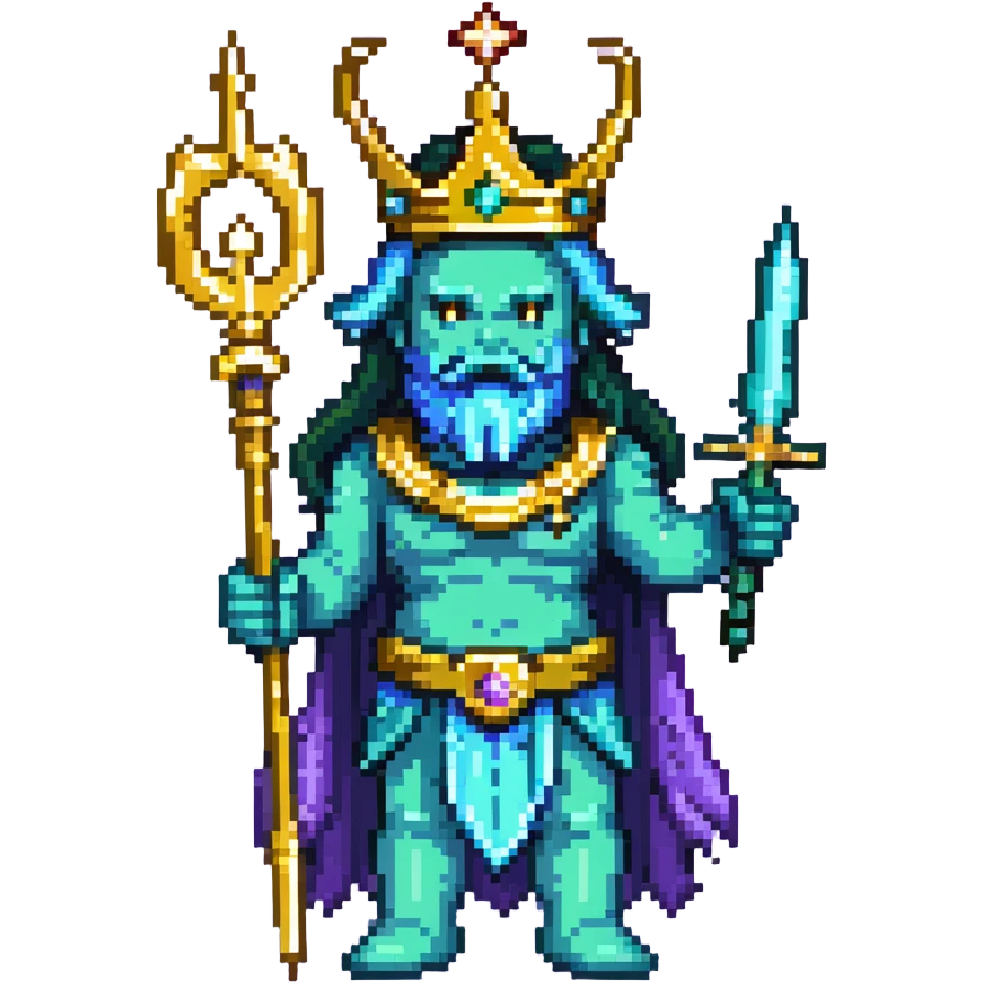 Neptune god of the sea wielding golden trident, blue-green skin, wearing crown emoji